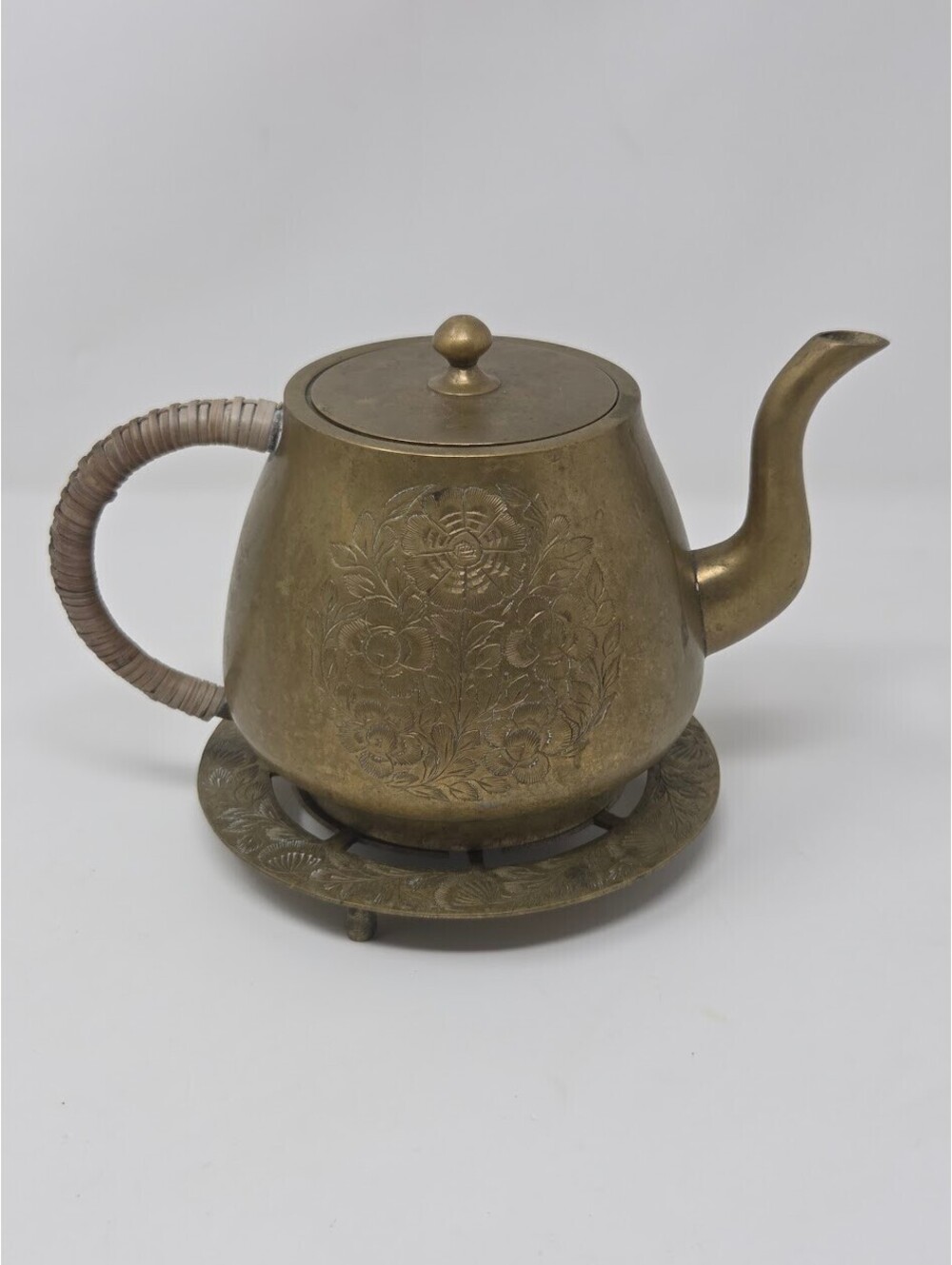 Ornate Handmade Indian Brass Teapot w/ Trivet Set Etched Floral Design Metalware